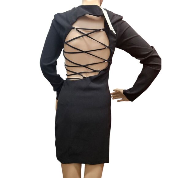 Zara Black Cut Out Lace Up Back Mini Dress Long-Sleeve - Picture 4 of 7